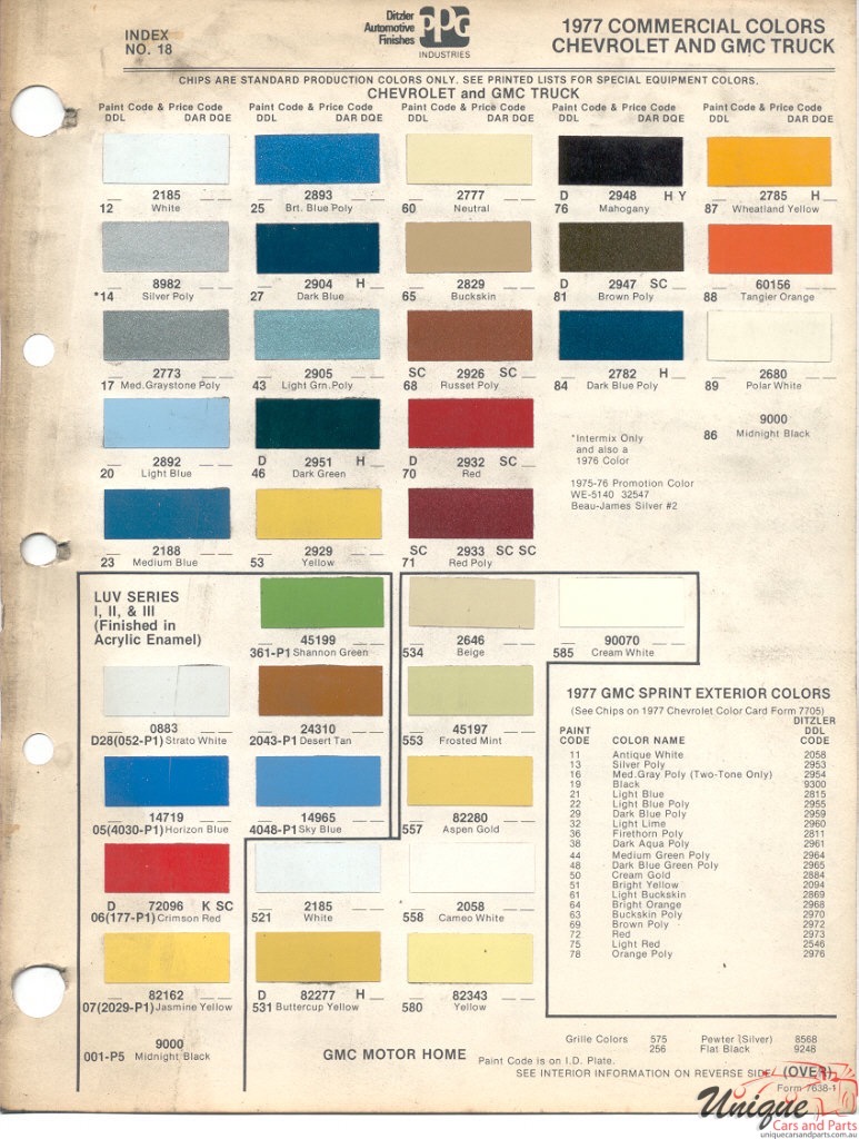1977 GMC Truck Paint Charts PPG 1